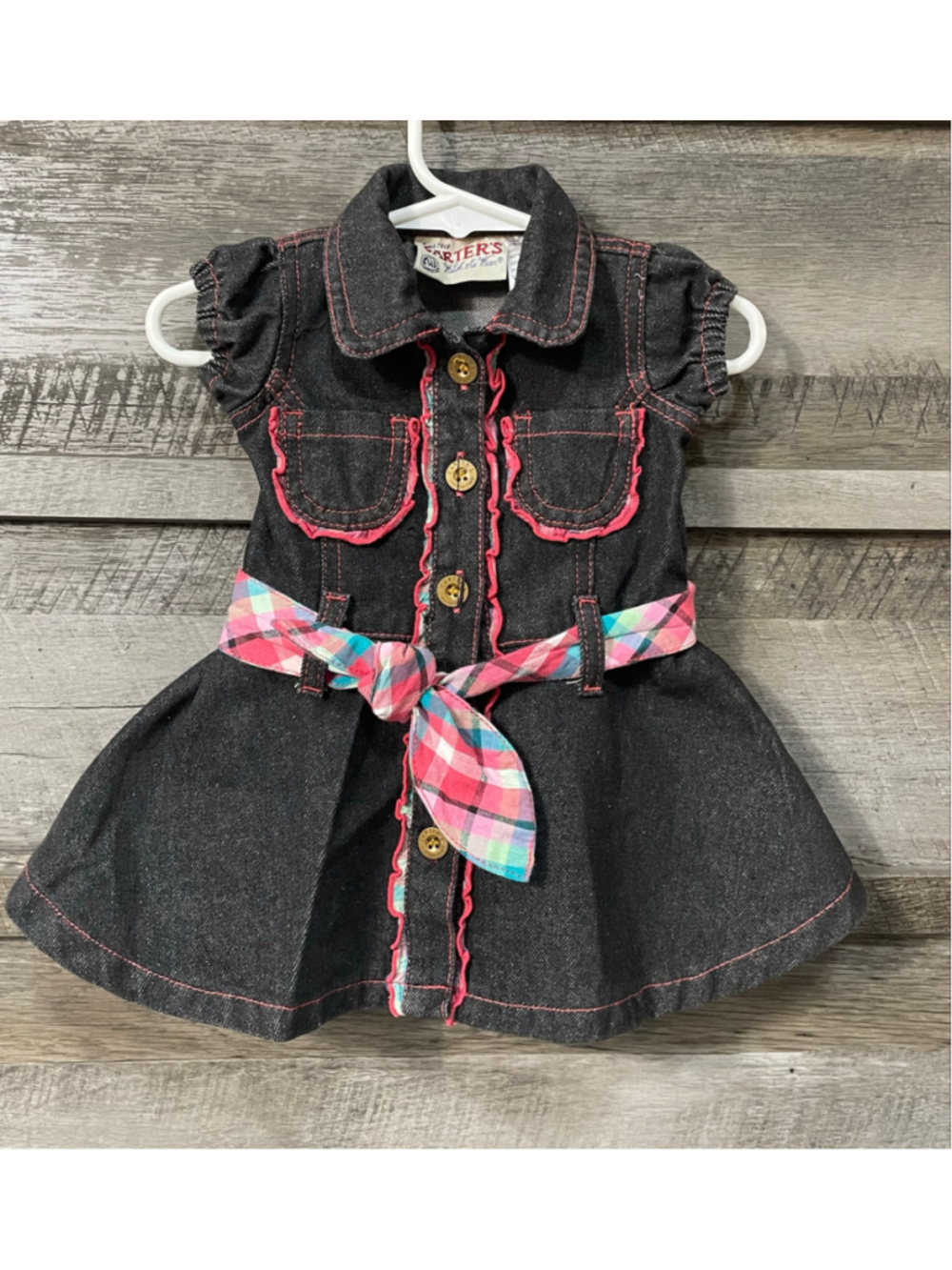 Carter's Watch The Wear Vintage 3-6m Girl Denim Dress Dark Wash Plaid Ruffle